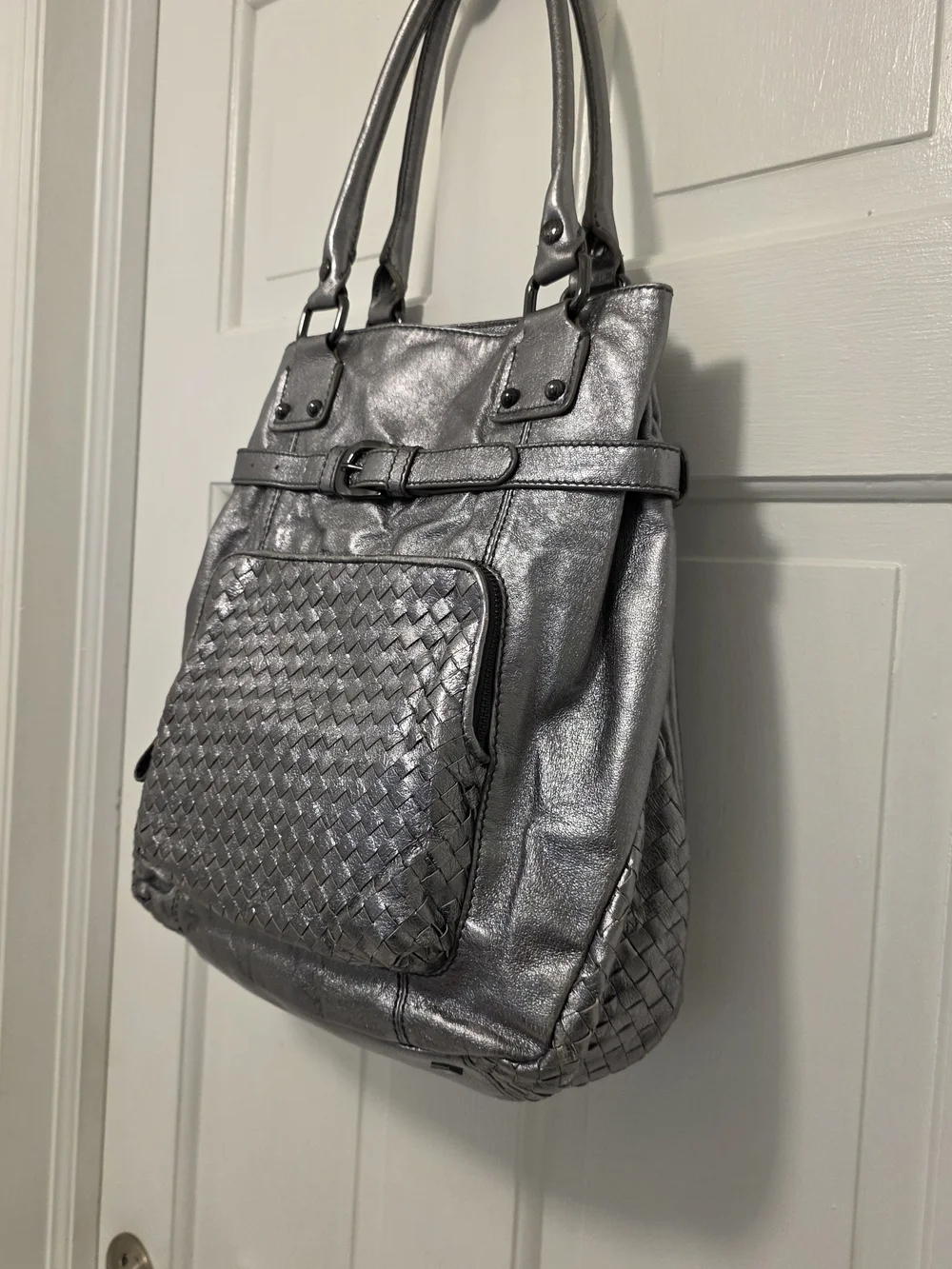 Elliott Lucca Silver Metallic Woven Front Leather Shoulder Bag, Stylish, Unique